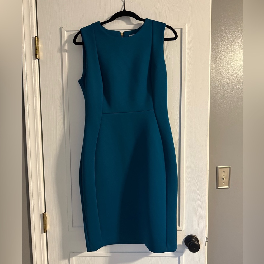 Sleeveless Seam Front Scuba Crepe Crew Neck Sheath Dress